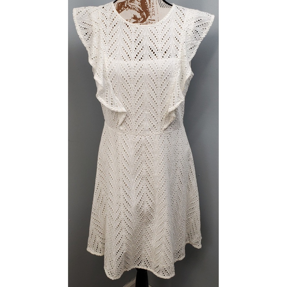 She + Sky Mini Dress Womens Large White Eyelet Lace Ruffle Cap Sleeve Back Zip